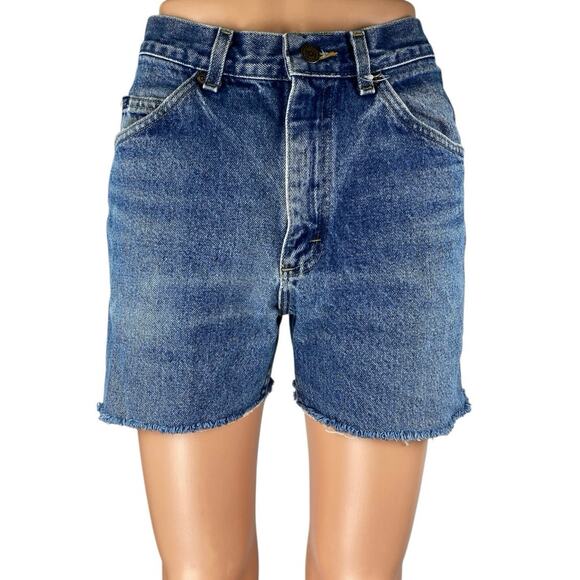 Lee Women's Blue High Waisted Medium wash Frayed Raw Hem Denim Jeans Shorts Sz M - Picture 1 of 4